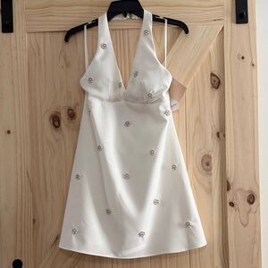 Elegant White Halter Dress with Embellishments size M